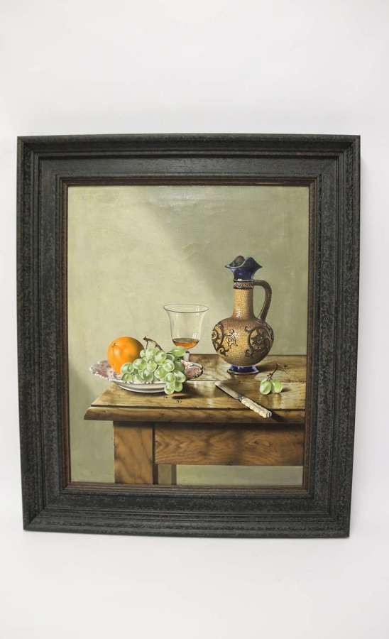 Oil on canvas still life study by C B Curam, fruit and wine