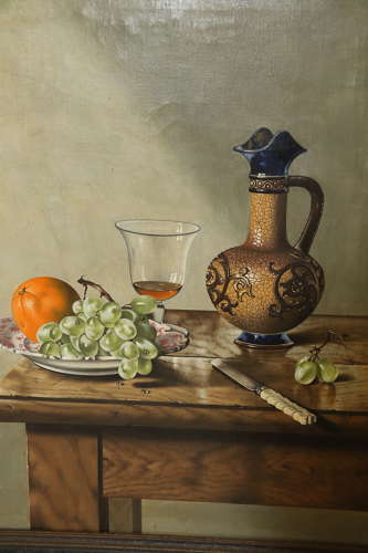 Oil on canvas still life study by C B Curam, fruit and wine