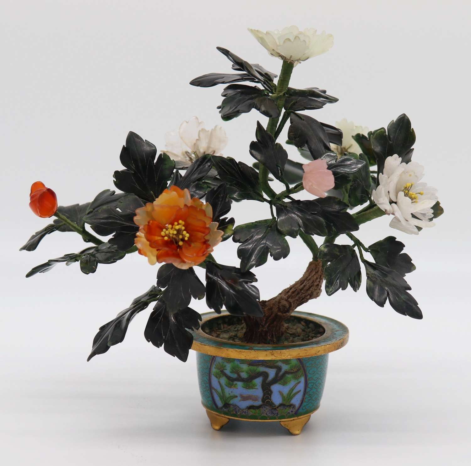 Chinese carved hardstone and cloisonne model of a potted peony tree