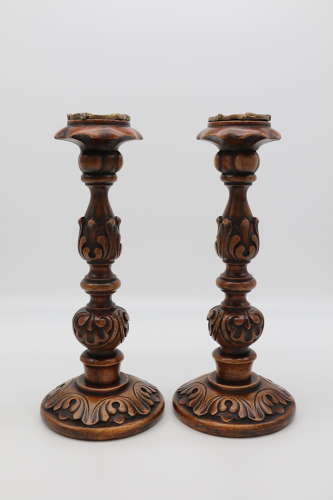 English 19th century carved walnut and brass mounted candlesticks
