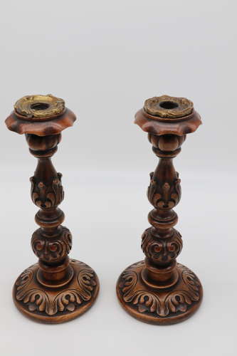 English 19th century carved walnut and brass mounted candlesticks