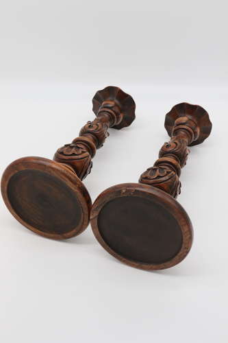 English 19th century carved walnut and brass mounted candlesticks
