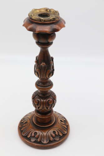 English 19th century carved walnut and brass mounted candlesticks