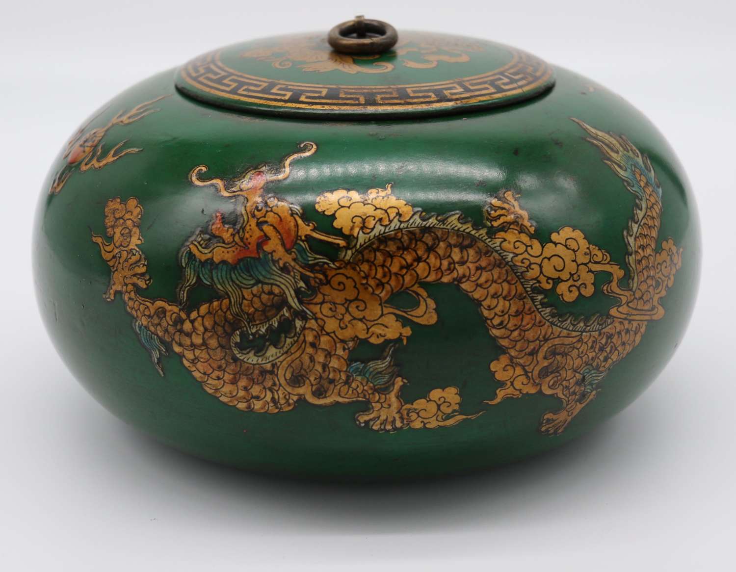 Chinese papier mache lacquered and hand painted lidded pot, circa 1930