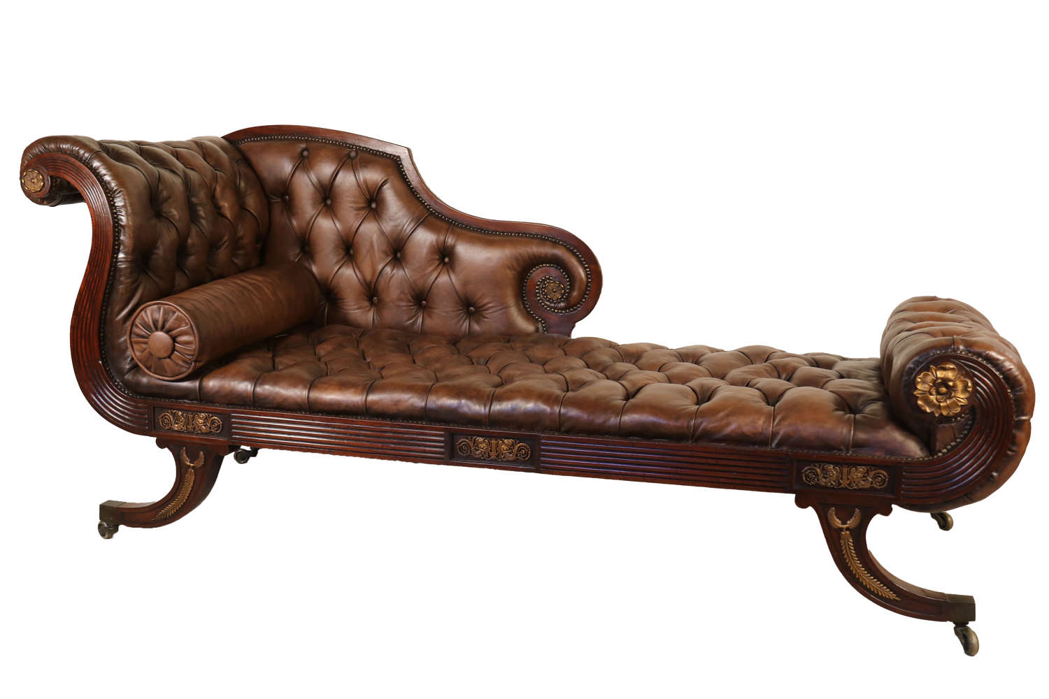Antique Regency mahogany leather upholstered chaise lounge circa 1810