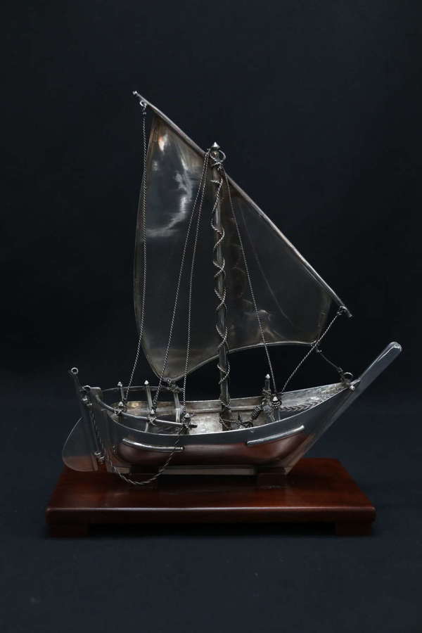 Silver Middle Eastern sailing ship or dhow displayed on a stand C 1900