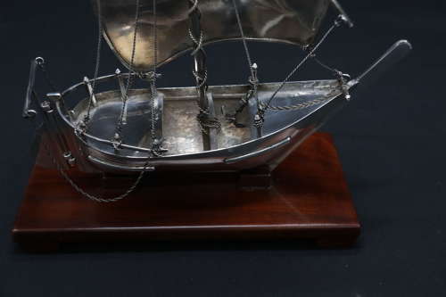 Silver Middle Eastern sailing ship or dhow displayed on a stand C 1900
