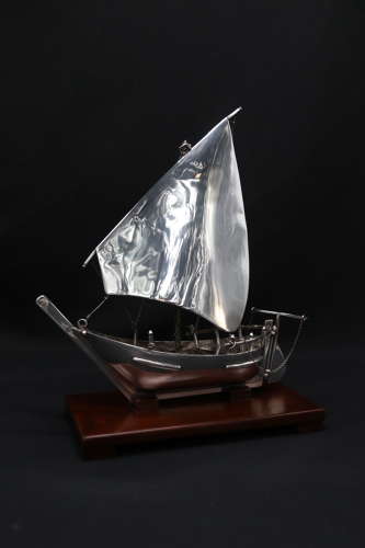 Silver Middle Eastern sailing ship or dhow displayed on a stand C 1900