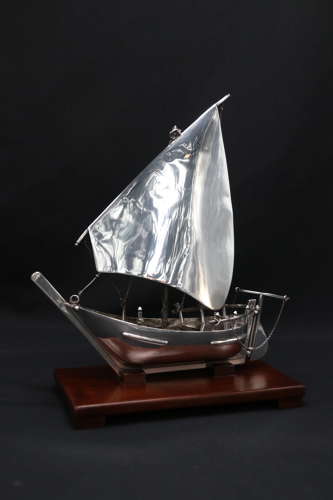 Silver Middle Eastern sailing ship or dhow displayed on a stand C 1900
