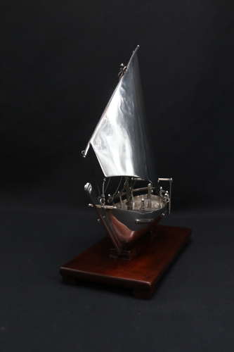 Silver Middle Eastern sailing ship or dhow displayed on a stand C 1900