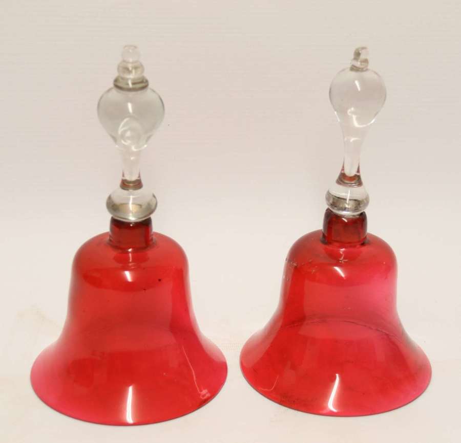 A pair of Victorian Ruby and clear hand bells circa 1880, English