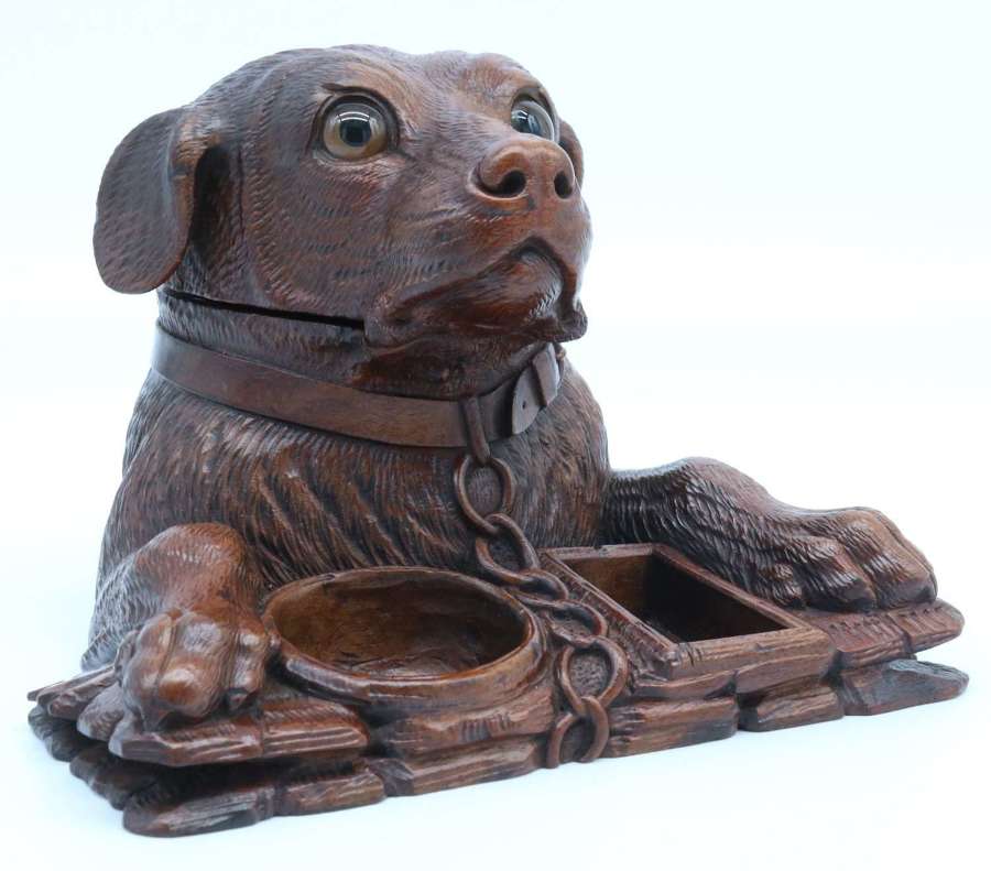 Large scale carved walnut Black Forest dog tobacco box, circa 1860