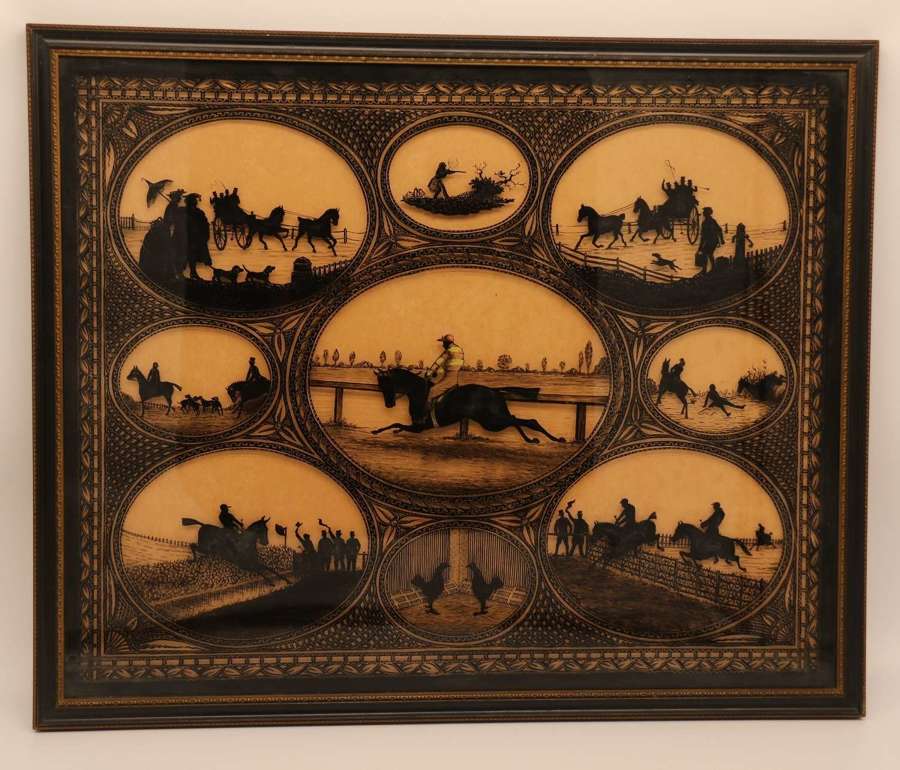19th century reverse silhouette painting of equestrian scenes, C 1860