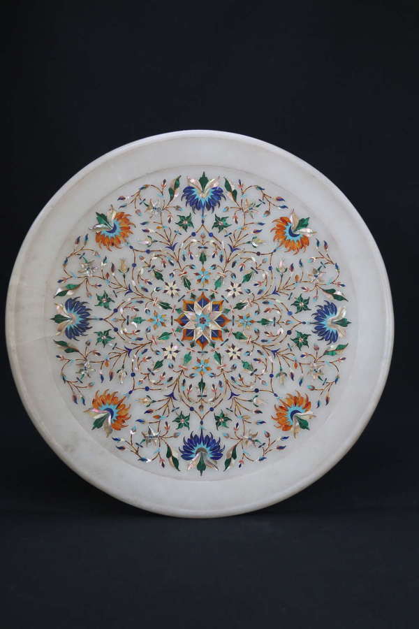 19th C Indian white marble charger inlaid with semi precious stones