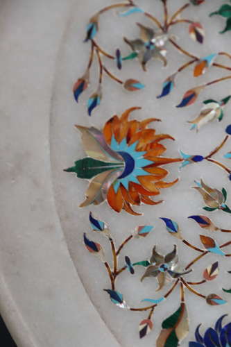 19th C Indian white marble charger inlaid with semi precious stones