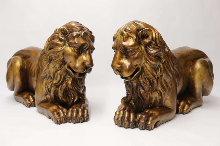 19th century pair of English carved gilt wood classical lions C1860