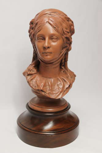 A large French terracotta bust of a beautiful medieval maiden, C 1910