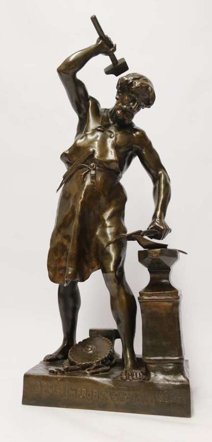 A late 19th C bronze sculpture of a blacksmith by E L Picault