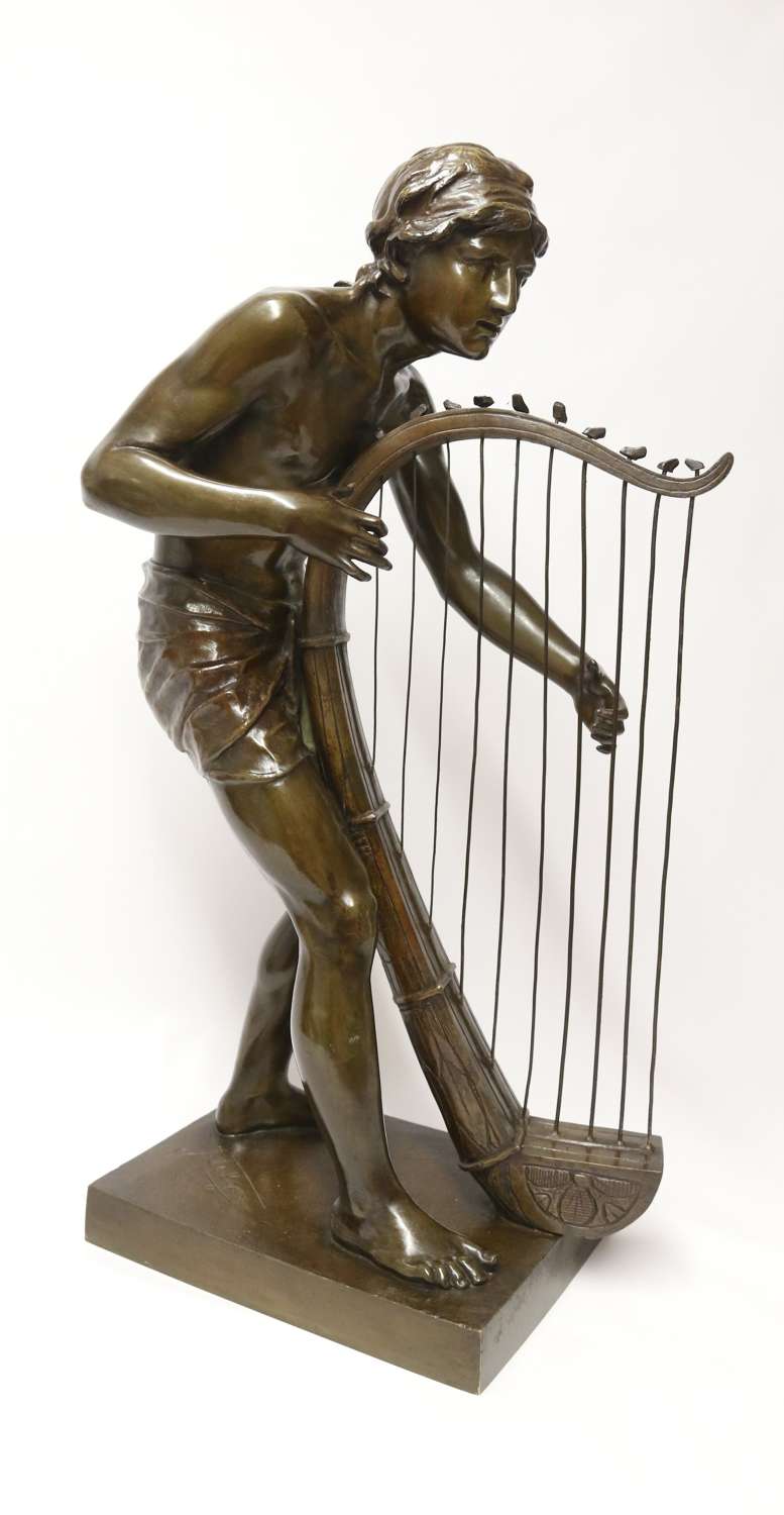 19th century Belgium bronze study of David playing the harp, C 1880