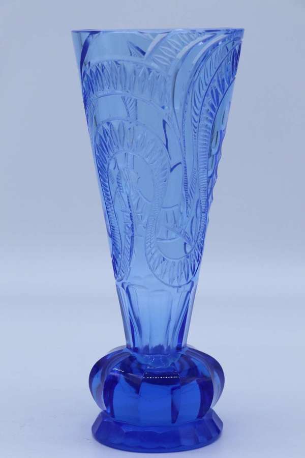 Art Deco sapphire blue cut glass vase, circa 1930