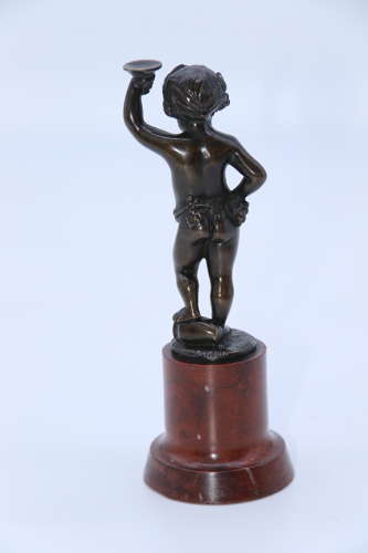A pair of 19th century bronze putti figures on marble bases circa 1860