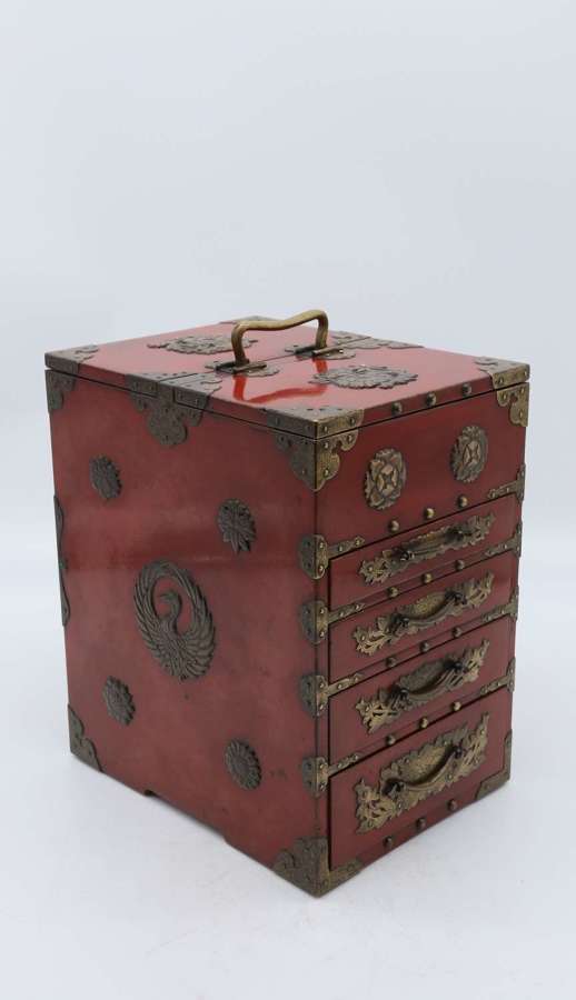 19th century Japanese red lacquer & bronze collectors cabinet C1880