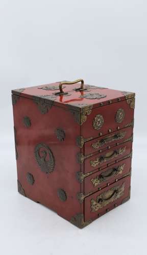 19th century Japanese red lacquer & bronze collectors cabinet C1880