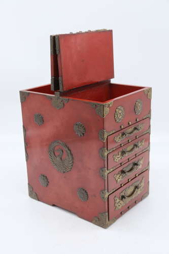 19th century Japanese red lacquer & bronze collectors cabinet C1880