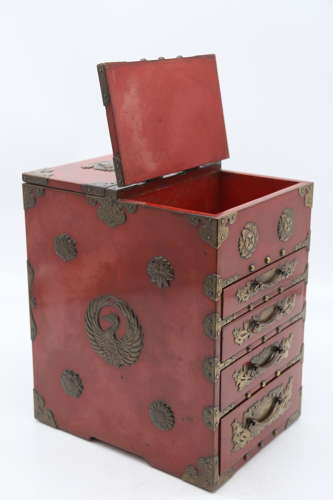 19th century Japanese red lacquer & bronze collectors cabinet C1880