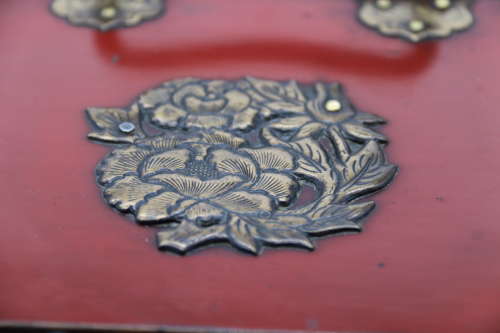 19th century Japanese red lacquer & bronze collectors cabinet C1880