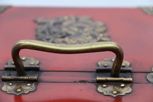 19th century Japanese red lacquer & bronze collectors cabinet C1880