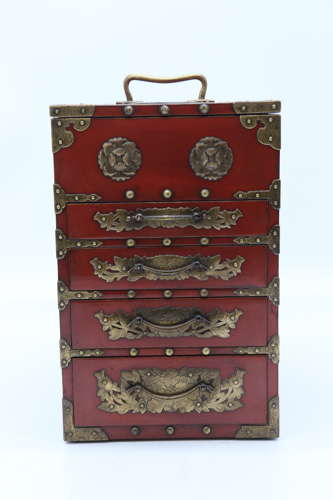 19th century Japanese red lacquer & bronze collectors cabinet C1880
