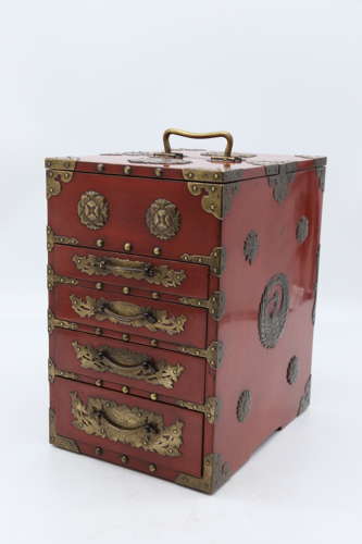 19th century Japanese red lacquer & bronze collectors cabinet C1880