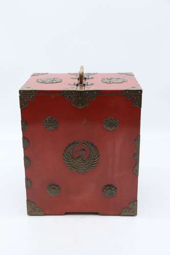 19th century Japanese red lacquer & bronze collectors cabinet C1880