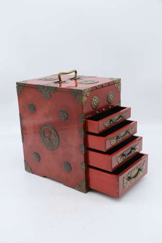 19th century Japanese red lacquer & bronze collectors cabinet C1880