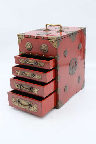 19th century Japanese red lacquer & bronze collectors cabinet C1880