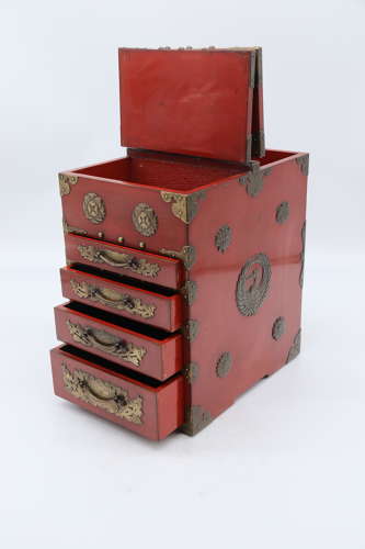 19th century Japanese red lacquer & bronze collectors cabinet C1880