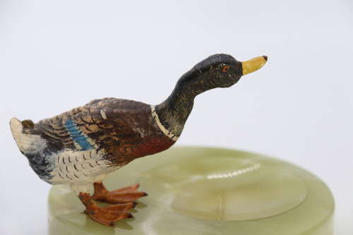 An Austrian cold painted bronze study of a drake mallard duck drinking