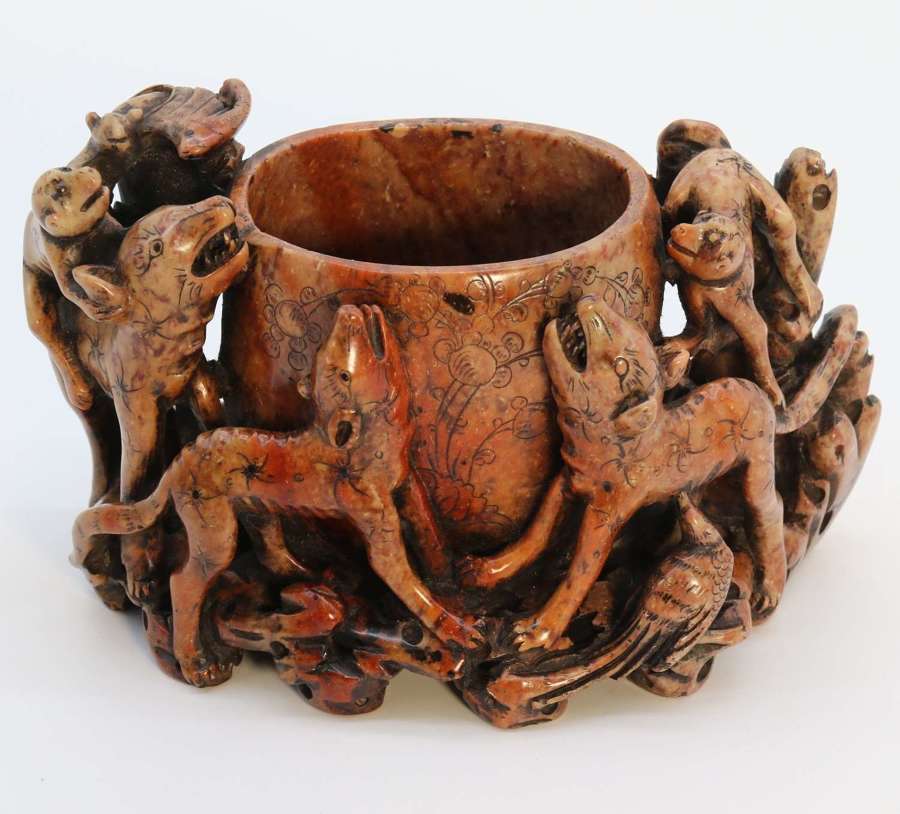 A 19th century Chinese carved soapstone brush pot, circa 1890