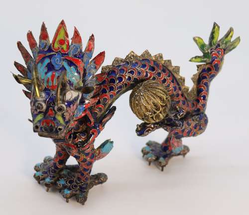 Early 20th century Chinese cloisonne sculpture of a dragon with pearl