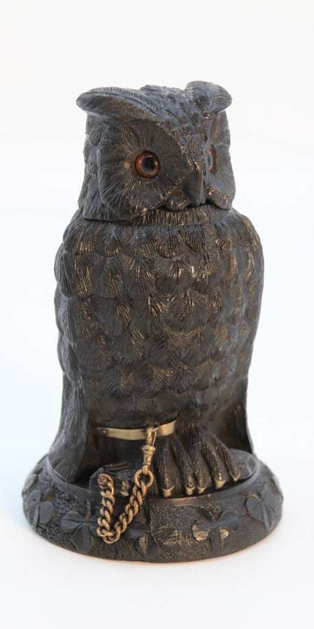 An Irish bog oak hand carved inkstand in the form of an owl circa 1880