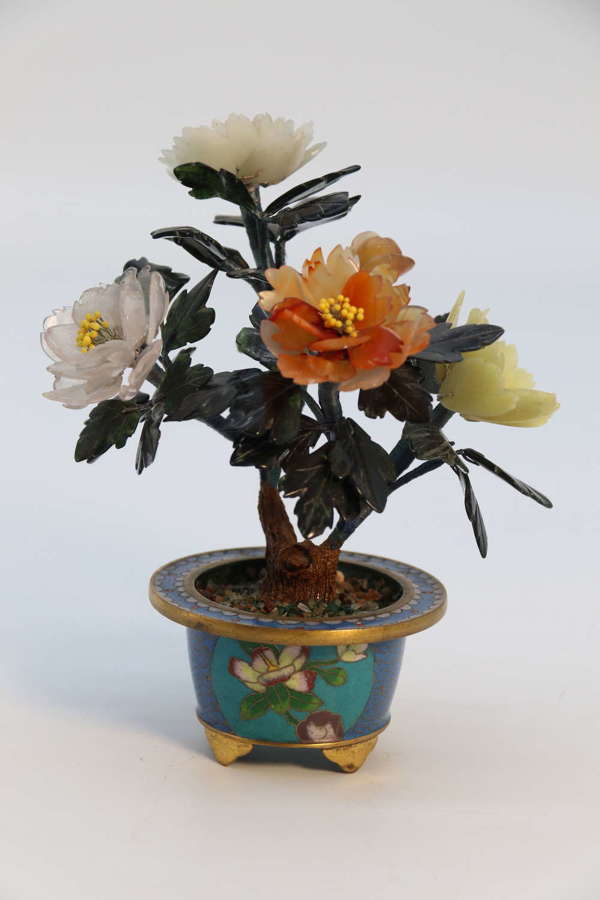 Chinese carved hardstone and cloisonne flowering bonsai tree, C 1920