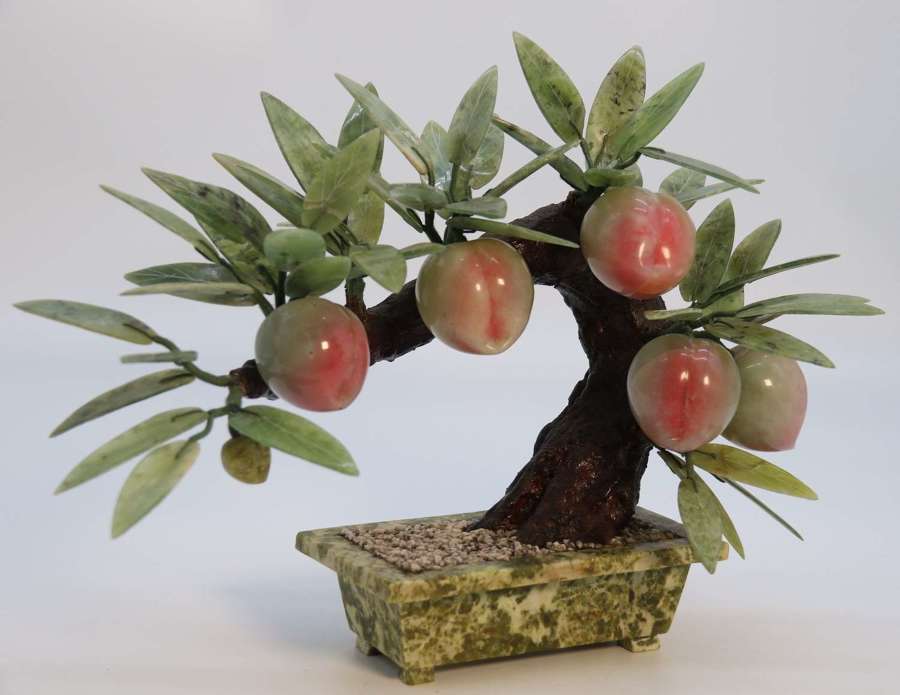 A rare Chinese hardstone study of a fruiting peach bonsai tree, C 1930