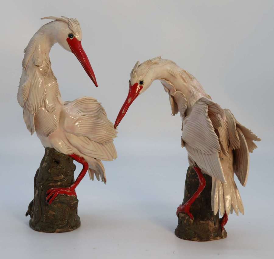 A pair if 19th century Meiji period hand made Japanese pottery storks