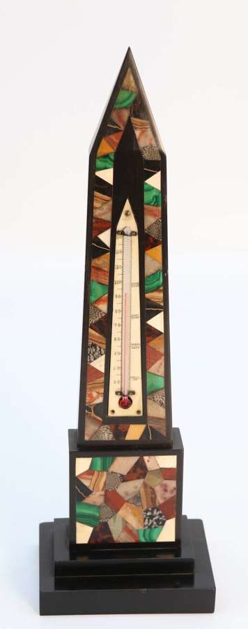 A Derbyshire black slate and specimen marbles obelisk with thermometer