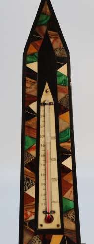 A Derbyshire black slate and specimen marbles obelisk with thermometer