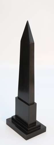 A Derbyshire black slate and specimen marbles obelisk with thermometer