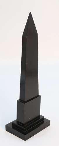 A Derbyshire black slate and specimen marbles obelisk with thermometer