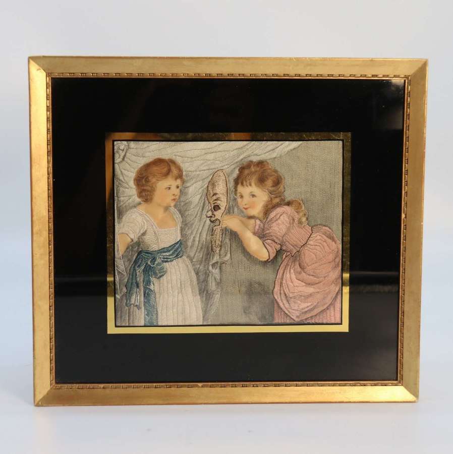 Early 19th century hand painted silk needlework of two girls, C 1830