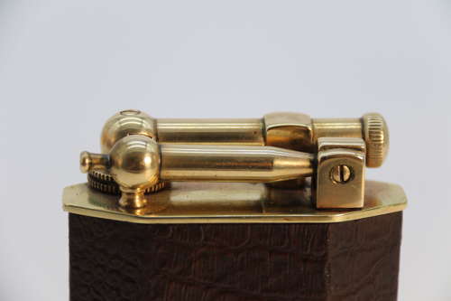 French brass and leather table lighter by Polaire of Paris circa 1920